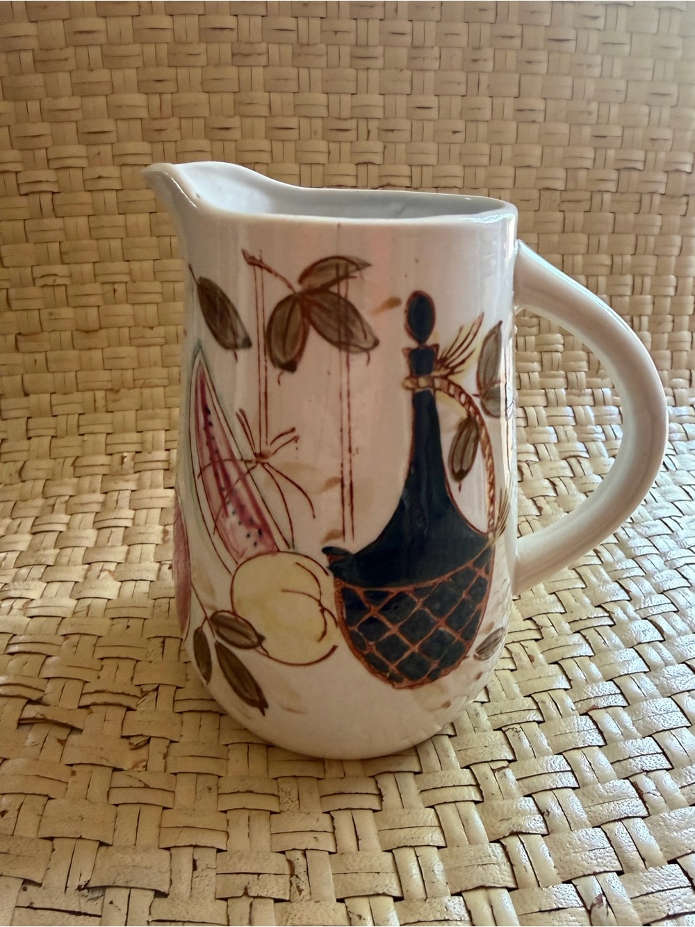 Hand-Painted Ceramic Pitcher in Cream Fruit & Wine Japan Vintage